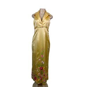 Gold Floral Embroidered Satin Sleeveless Womens Maxi Dress Classy Collar Design